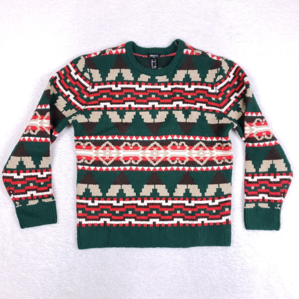 Forever 21 Fair Isle Sweater Mens S Green Southwestern Geometric Ugly Christmas